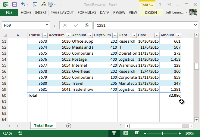 create table for total row in excel 2016 on mac